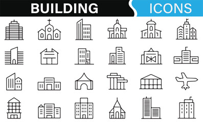 Icons of Different Buildings for Architecture, Real Estate, and Construction