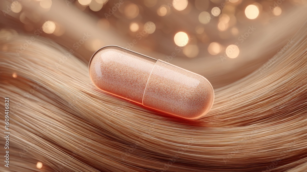 Poster a close-up of a single translucent capsule pill resting on textured golden strands with glowing part
