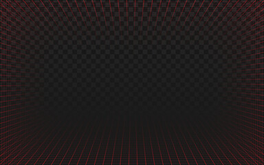 Futuristic dark background with a glowing red perspective grid, ideal for technology, virtual reality, gaming, or abstract digital designs.
