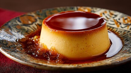 Smooth creme caramel on patterned plate glossy top elegant dessert with minimal background gourmet presentation