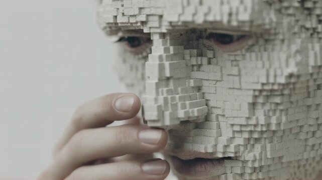Woman's face disintegrating into digital pixels. Surreal digital art concept exploring identity fragmentation and technological impact on human perception