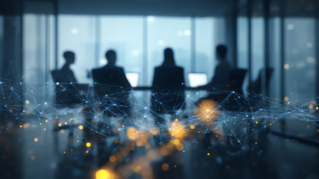 Silhouettes of four people in a modern office setting with digital network connections overlay, symbolizing teamwork, communication, and technology integration