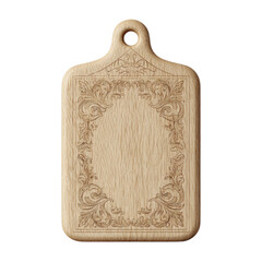 A wood chopping board with etched design and hanging hole, isolated on transparent background.