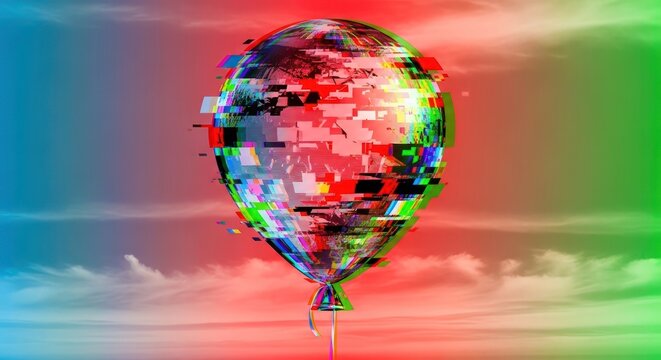 Glitch effect balloon against colorful sky backdrop
