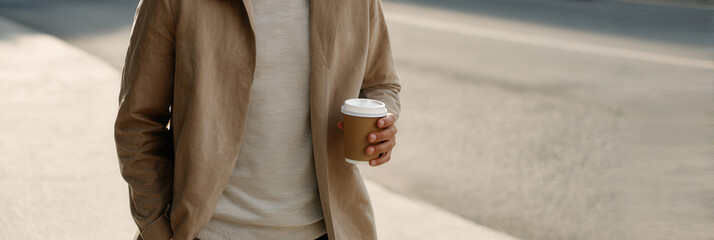 Casual morning walk with coffee in hand on sunny day