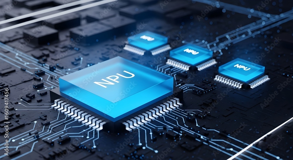 Poster close-up of a neural processing unit (npu) on a circuit board. illustrates advanced technology and c