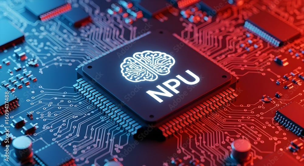 Aufkleber high-tech close-up of a neural processing unit (npu) on a circuit board. illustrates ai, machine lea