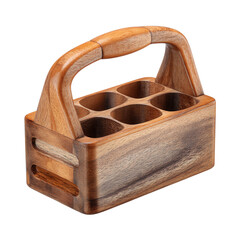 A wooden condiment holder caddy with side handles isolated on transparent background