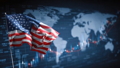 American flag waving over a world map with financial charts