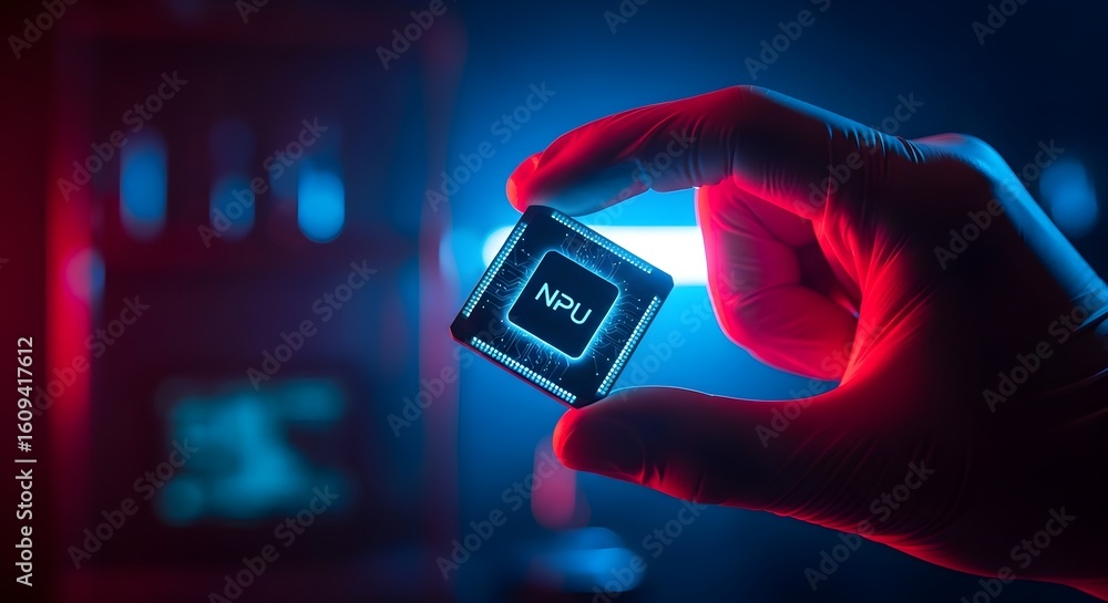 Poster close-up of a hand holding a glowing neural processing unit (npu). symbolizes artificial intelligenc