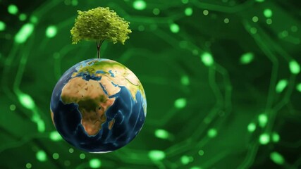Earth Healing and Growth Concept: A Tree Sprouts from the Planet, Digital Green Background - Powered by Adobe