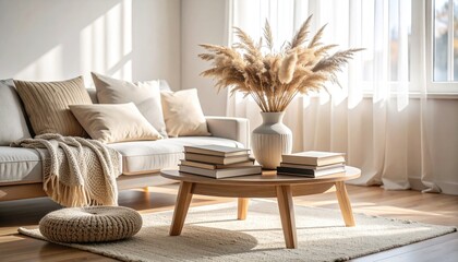 Cozy Living Room with Neutral Decor and Stylish Coffee Table Arrangement