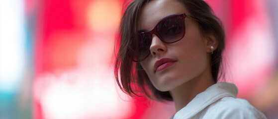 Fototapeta premium Stylish woman in sunglasses with vibrant city lights background