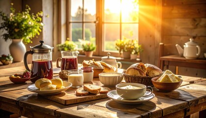 Cozy Breakfast Table with Tea, Pastries, and Sunlight Glow