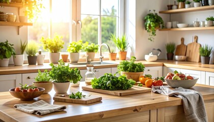 Fresh Vegetables and Fruits Arranged in Cozy Kitchen Interior