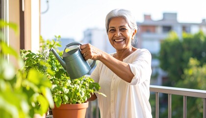 Senior Woman Smiling While Watering Plants on Sunny Balcony Garden