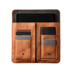 A cushioned tablet sleeve with card pockets and soft lining, isolated on transparent background.