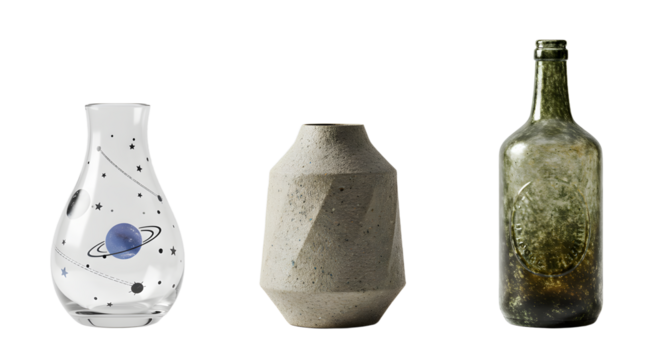 Three unique vases showcasing modern design, featuring a glass vase with a planet motif, a textured concrete vase, and a vintage bottle, all set against a plain background