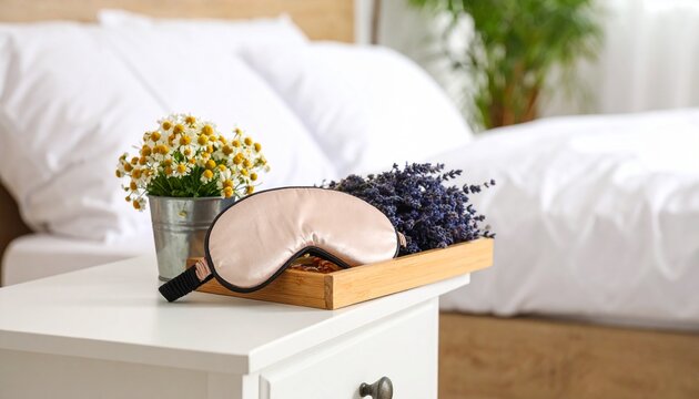 Magnesium Supplementation Sleep Aid Concept Cozy bedroom decor with a sleep mask and flowers on a bedside table.