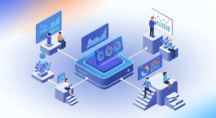 Isometric illustration of data analysis and neural processing. Team working with data, charts, and graphs. Great for illustrating tech, innovation, and business intelligence concepts.