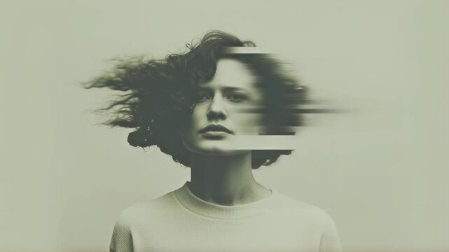 Woman's face distorted by wind effect. Artistic portrait with glitch aesthetic. Conceptual video exploring identity and perception. Visual metaphor for inner turmoil and change.