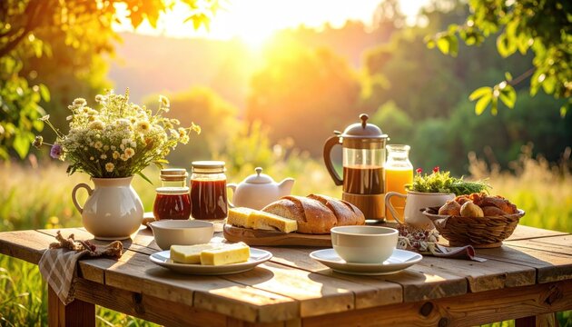 Morning Breakfast Table with Fresh Food and Beautiful Landscape