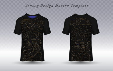 Front and back view of a black sport jersey with an abstract golden contour line pattern, ideal for team uniforms, e-sports, and athletic apparel mockups.

