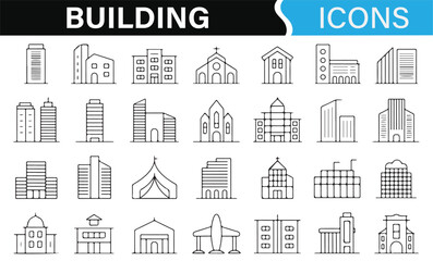 Building Icons Set Featuring Residential, Commercial, and Religious Structures