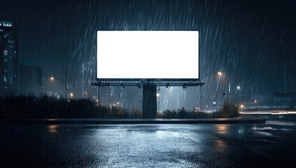 Empty billboard in city at night during rain