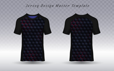 Front and back view of a black sport jersey with a hexagonal dark pattern and red accents, ideal for team uniforms, e-sports, and athletic apparel mockups.