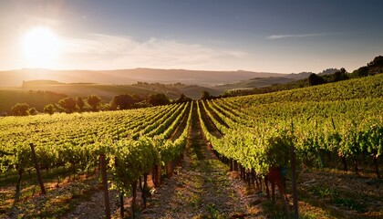 a vineyard softly illuminated by diffuse sunlight rows of vines blending seamlessly with the landscape vineyard sunlight delicate growth