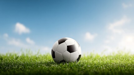 Fototapeta premium Soccer ball on grass field minimal background for banner or sports design with space for text or branding