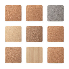 Adhesive corkboard tiles with magnetic function, isolated on transparent background.