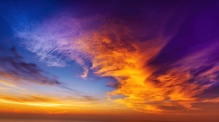 Dramatic sunrise with gradient orange and purple clouds, creating a panoramic abstract sky view.
