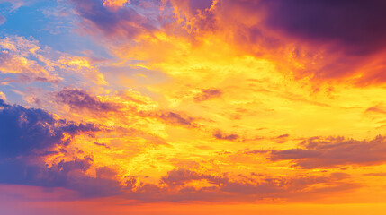 Fototapeta premium Dramatic sunrise with gradient orange and purple clouds, creating a panoramic abstract sky view.