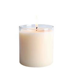 A white candle is elegantly lit, creating a serene and relaxing ambiance ideal for a cozy evening setting.