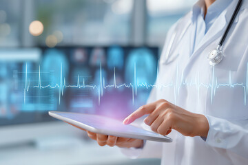 A doctor in a white coat uses a tablet with a digital heartbeat graph overlay, symbolizing modern healthcare technology and real-time medical monitoring