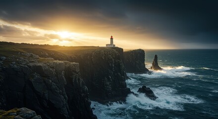 Dramatic coastal scenery with lighthouse beacon overlooking the turbulent ocean waves at sunset