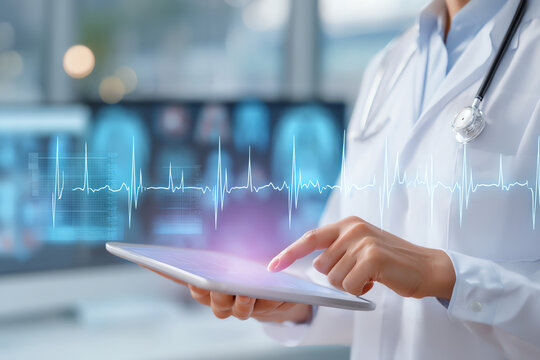 A doctor in a white coat uses a tablet with a digital heartbeat graph overlay, symbolizing modern healthcare technology and real-time medical monitoring
