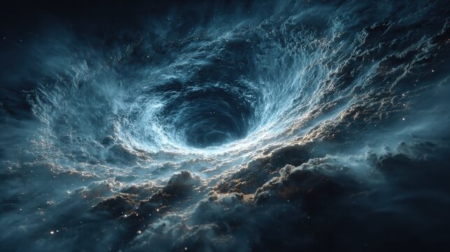 Blue liquid wormhole vortex sci-fi art, spacetime tunnel physics concept, interstellar travel visualization with luminous warping effects.