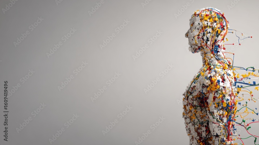 Poster abstract representation of human form created with puzzle pieces and wires, minimalistic style on th