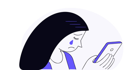 Vektorillustration einer weinenden Frau mit Smartphone. Symbol für Silent suffering, Doxxing, Social media bullying, Cybermobbing, Hate Speech, Mobbing, public shaming und Diskriminierung.