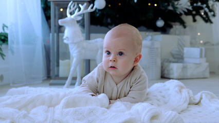 Infant rests on a cozy blanket in front of a festive christmas tree, with a white reindeer ornament...