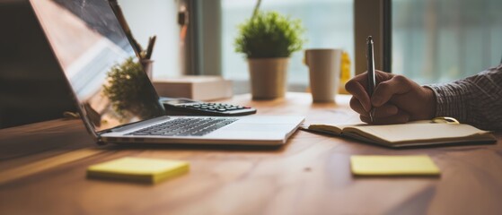 The workspace with a laptop and notepad for productivity and creativity.