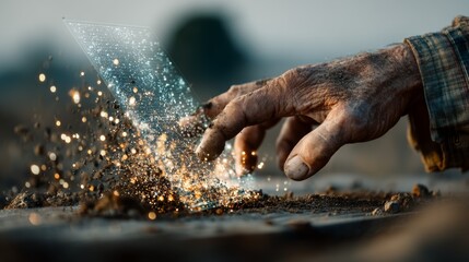 A rugged hand interacts with a glowing, futuristic digital interface amid floating particles and sparks, blending technology with raw human touch.