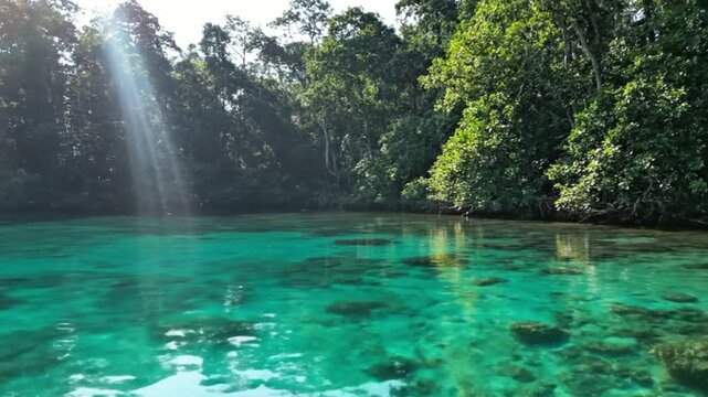 A peaceful tropical lagoon with crystal clear turquoise water, surrounded by dense green forest, illuminated by warm sunlight streaming through the trees.
