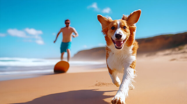 A playful dog chases after a surfer enjoying the waves at a beautiful beach