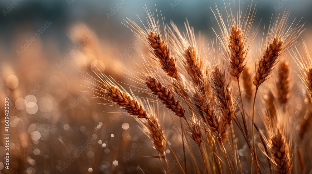 Poster close-up of ripe golden wheat heads swaying in a field with soft-focus background and warm sunlight 