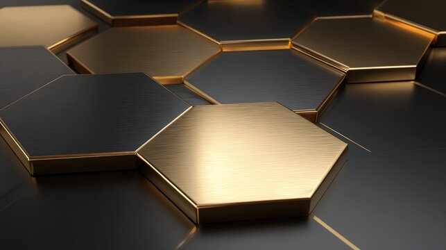 Abstract geometric background of overlapping hexagons in gold and black.
