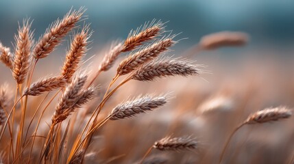 Close-up of golden wheat stalks swaying gently in a field under a soft, blurred sky.